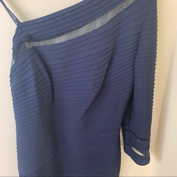 NWT Tadashi Shoji One Shoulder Mesh Illusion Cutout Navy Blue Dress in Large - Picture 6 of 16